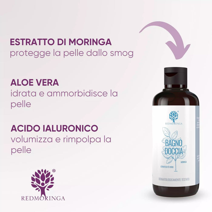 Ingrediënten van de Douchegel met Moringa: anti-smog Moringa-extract, hydraterende aloë vera en hyaluronzuur