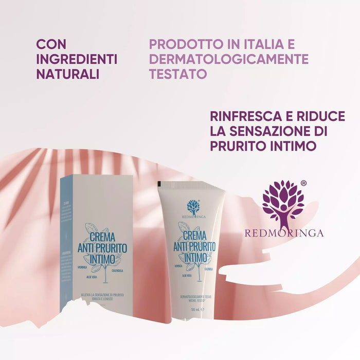 RedMoringa crème bij intieme jeuk met doosje: natuurlijke ingrediënten, gemaakt in Italië en dermatologisch getest