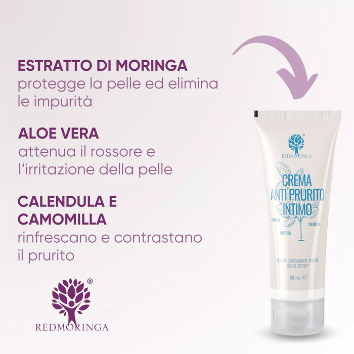 RedMoringa intieme aloëcrème en de werkzame stoffen: Moringa-extract, verzachtende aloë vera, calendula en kamille