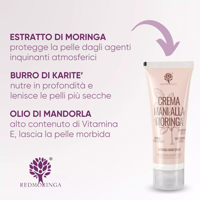 De drie actieve stoffen van de RedMoringa Handcrème met Moringa: moringa-extract, voedende sheaboter en amandelolie