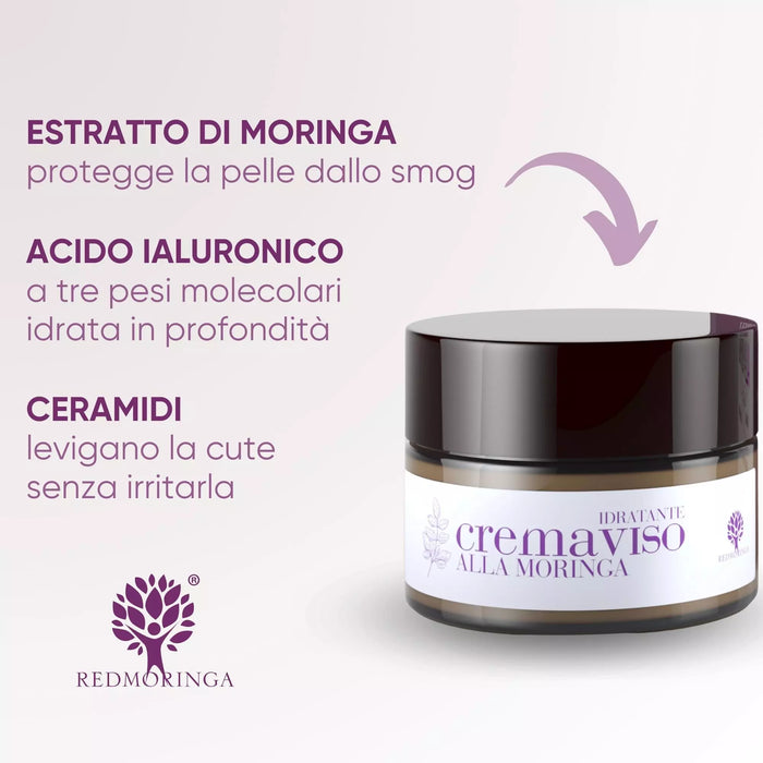 Potje RedMoringa gezichtscrème met de actieve stoffen: Moringa-extract, hyaluronzuur in drie molecuulgewichten en ceramiden