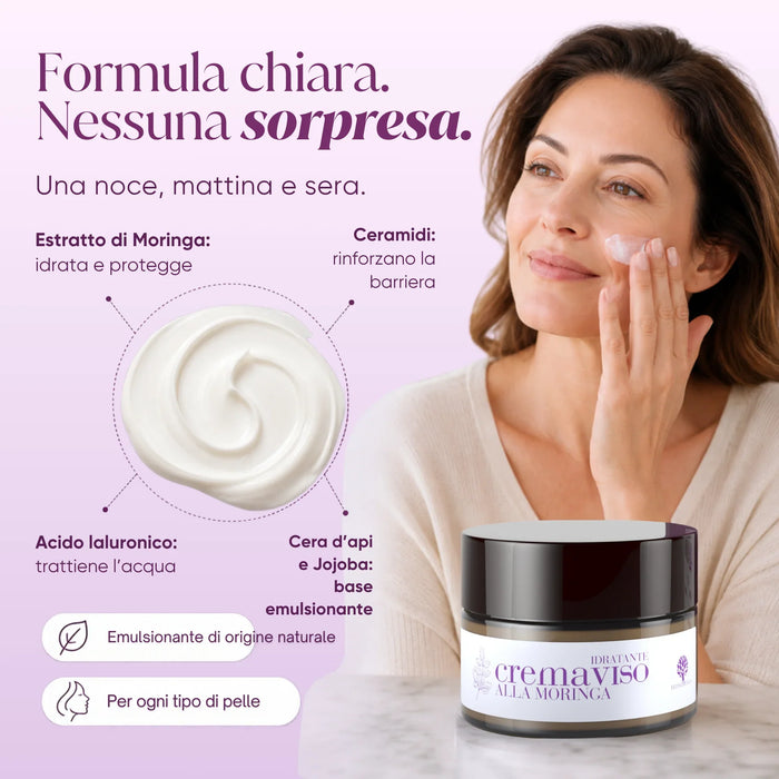 Heldere formule: Moringa-extract, hyaluronzuur, ceramiden, bijenwas en jojoba