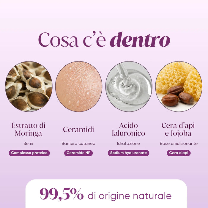Ingrediënten: Moringa-extract, ceramiden, hyaluronzuur, bijenwas en jojoba