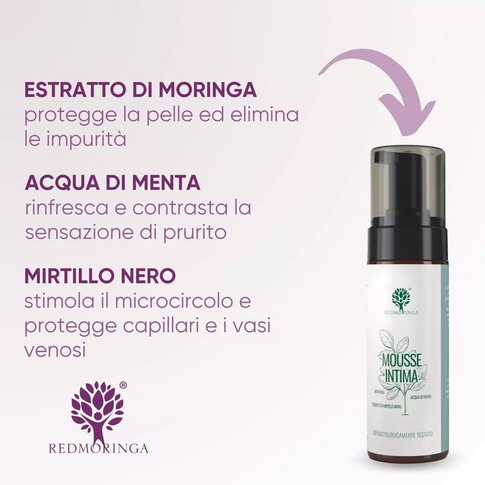 Ingrediënten van de Intieme Mousse: zuiverend Moringa-extract, verfrissend muntwater en bosbes