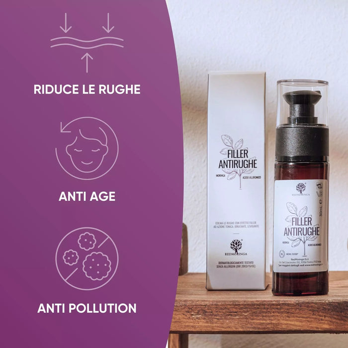 Anti-rimpel filler met moringa uit de RedMoringa set met fles en doosje: vermindert rimpels, anti-age, anti-pollution