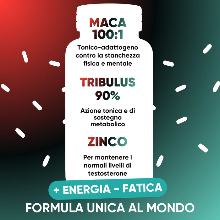 Maca 100:1 tonicum-adaptogeen, Tribulus 90% als tonicum, Zink voor normale testosteronniveaus