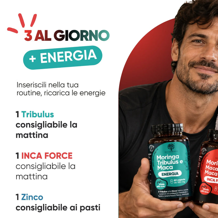 Gebruik: 1 capsule Tribulus (Energie) en 1 INCA FORCE 's ochtends, 1 tablet Zink bij de maaltijd
