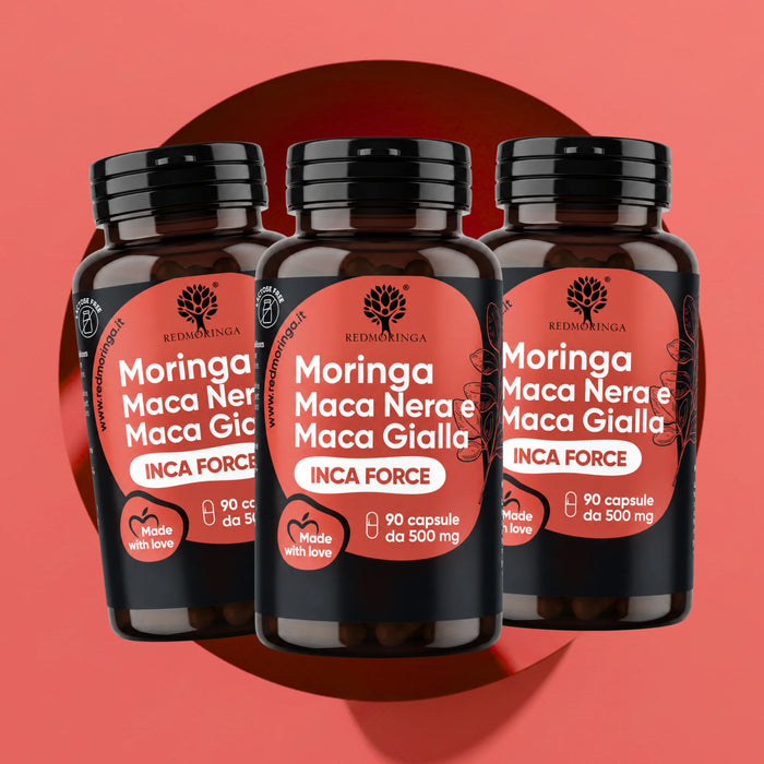 Drie flessen INCA FORCE RedMoringa met zwarte en gele maca en Moringa, capsules, verpakking van 3 voor 9 maanden