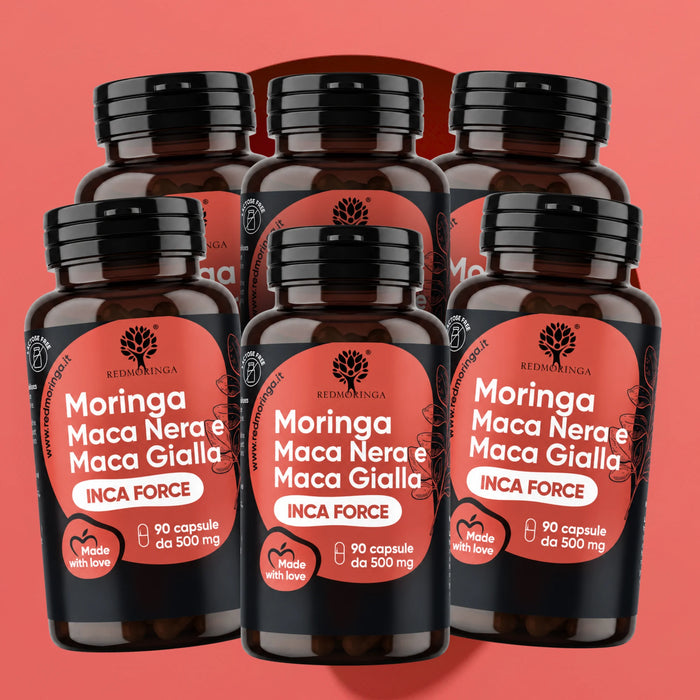 Zes flessen INCA FORCE RedMoringa, supplement met zwarte en gele Peruaanse maca en Moringa, voorraad van 6 verpakkingen