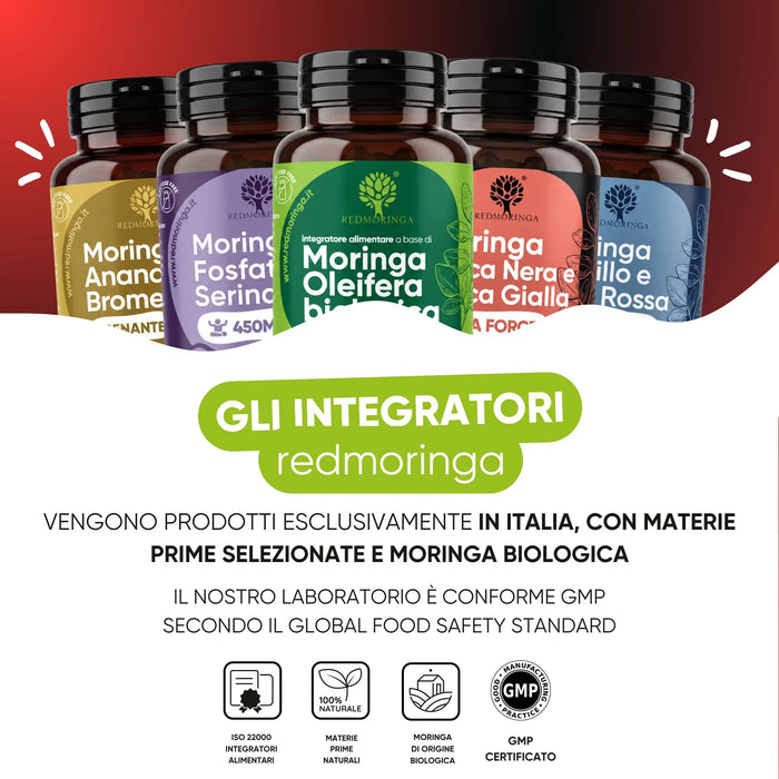 RedMoringa-supplementen worden gemaakt in Italië met biologische Moringa, GMP-conform laboratorium