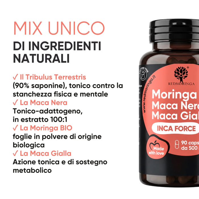 Mix van natuurlijke ingrediënten: Tribulus 90% saponinen, Zwarte Maca, biologische Moringa, Gele Maca
