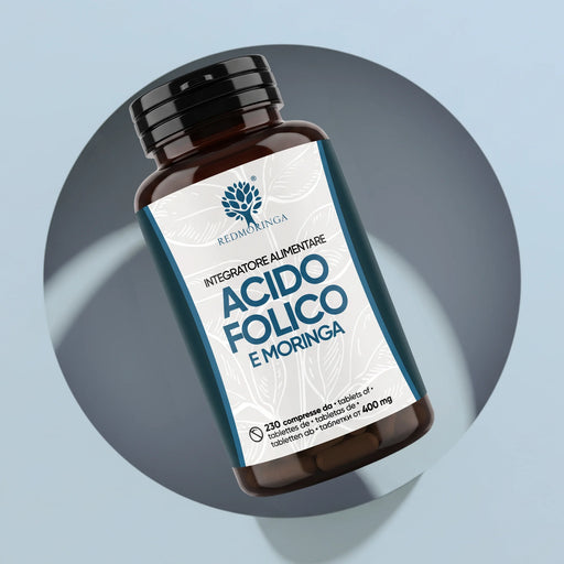 Fles Foliumzuur en Moringa RedMoringa met 230 tabletten van 400 mg, ontwikkeld voor de zwangerschap