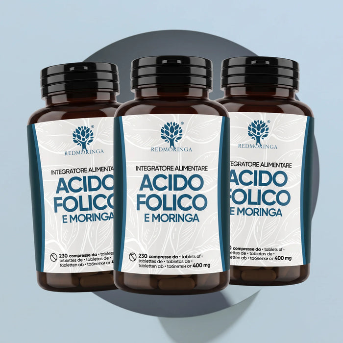 Drie flessen Foliumzuur en Moringa RedMoringa met 230 tabletten van 400 mg voor de zwangerschap