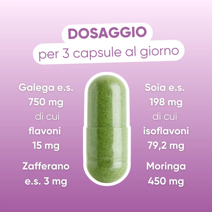 Dosering per 3 capsules: Galega 750 mg, Soja 198 mg, Saffraan 3 mg, Moringa 450 mg