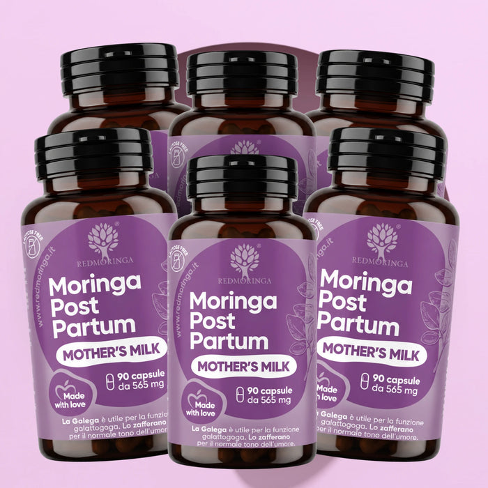 Zes flessen Moringa Post Partum Mother's Milk RedMoringa, voedingssupplement bij borstvoeding met Galega, voorraad van 6