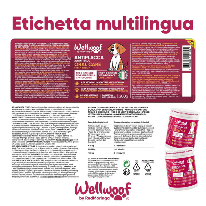 Meertalig etiket van Oral Care Wellwoof met gebruiksaanwijzing, samenstelling en dagelijkse dosering per hondengewicht
