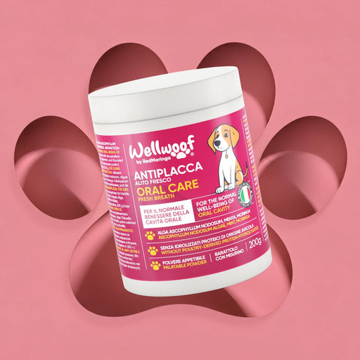 Pot van 200 g Wellwoof Oral Care by RedMoringa, anti-tandsteen supplement voor honden in smakelijk poeder met maatschepje