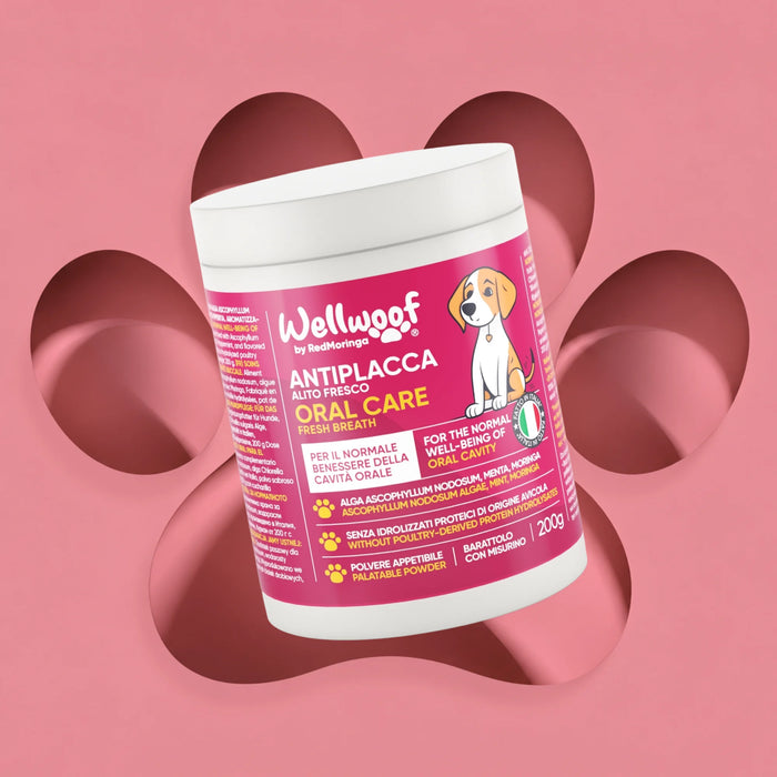Pot van 200 g Wellwoof Oral Care by RedMoringa, anti-tandsteen supplement voor honden in smakelijk poeder met maatschepje