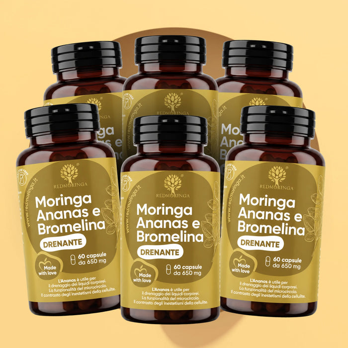 Zes flessen Moringa Ananas en Bromelaïne RedMoringa van 60 capsules, verpakking van 6 op gele achtergrond