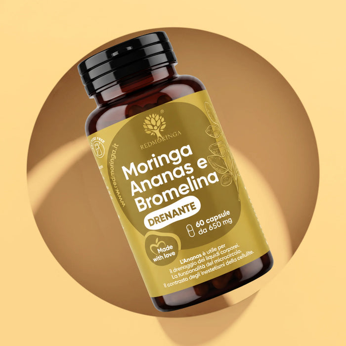 Fles Moringa Ananas en Bromelaïne RedMoringa, drainerend anti-cellulite supplement in 60 capsules van 650 mg