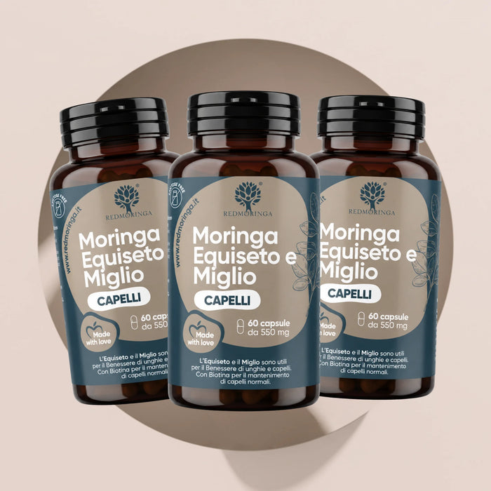 Drie flessen Moringa Paardenstaart en Gierst RedMoringa, haarsupplement, 3 x 60 plantaardige capsules voor 3 maanden