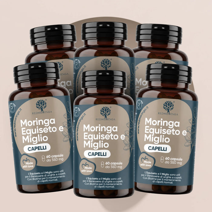 Zes flessen Moringa Paardenstaart en Gierst RedMoringa, haarsupplement, 6 x 60 plantaardige capsules voor 6 maanden