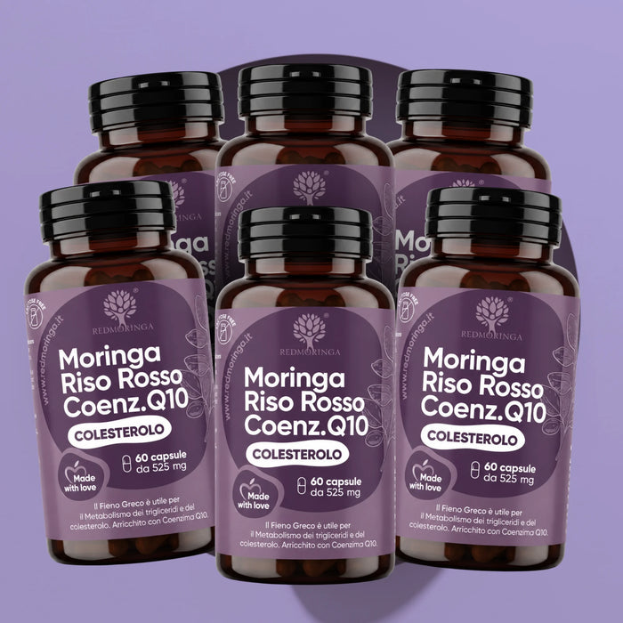Zes flessen Moringa Rode Gist Rijst en Co-enzym Q10 RedMoringa met 60 capsules, verpakking van 6 op lila achtergrond