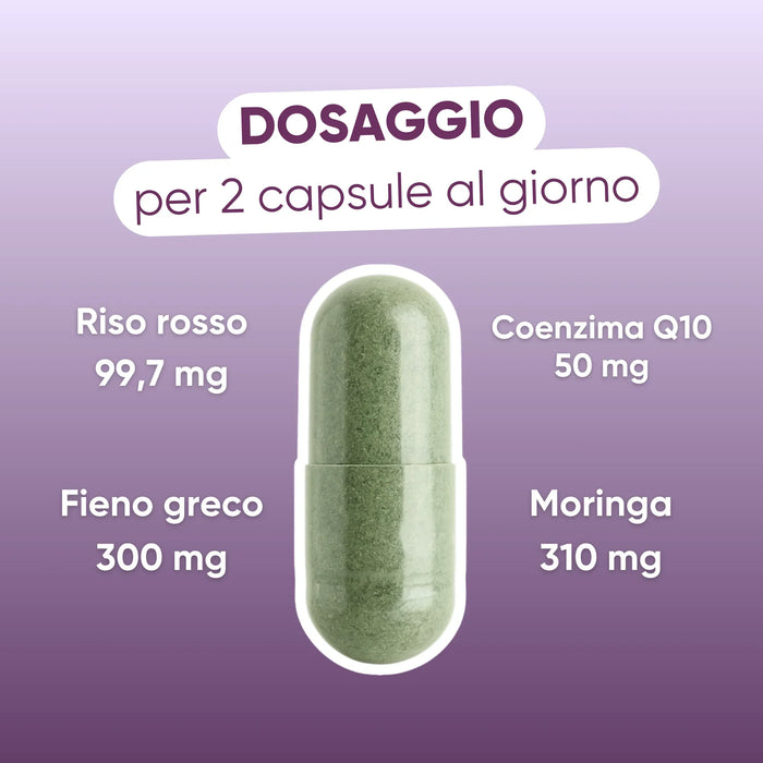 Dosering per 2 capsules: rode gist rijst 99,7 mg, fenegriek 300 mg, co-enzym Q10 50 mg, Moringa 310 mg
