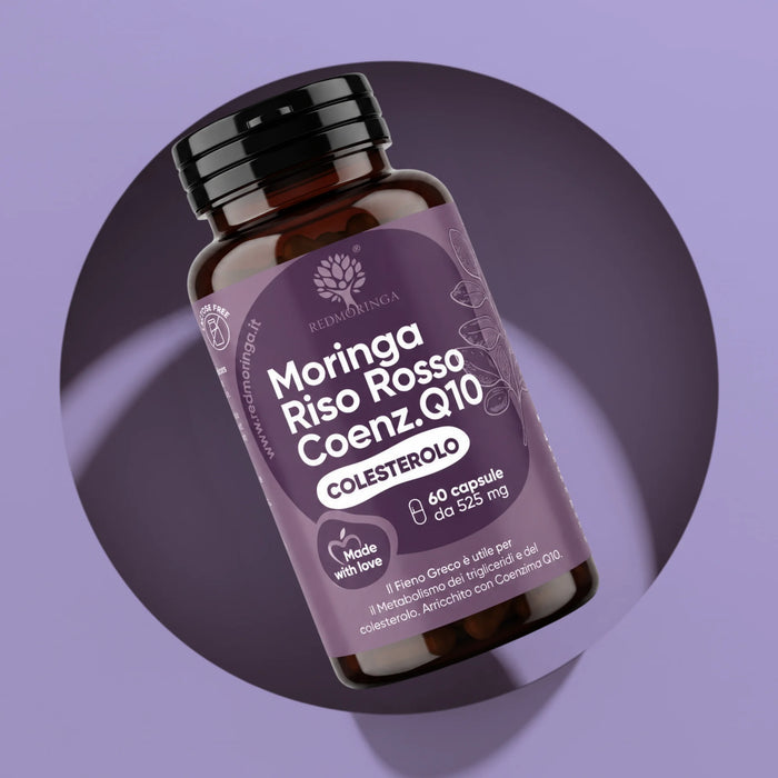 Fles Moringa Rode Gist Rijst en Co-enzym Q10 RedMoringa, voedingssupplement cholesterol in 60 capsules van 525 mg