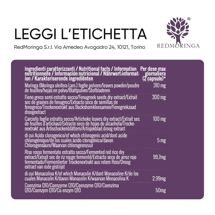 Ingrediëntentabel: Moringa, fenegriek, artisjok, rode gist rijst, co-enzym Q10