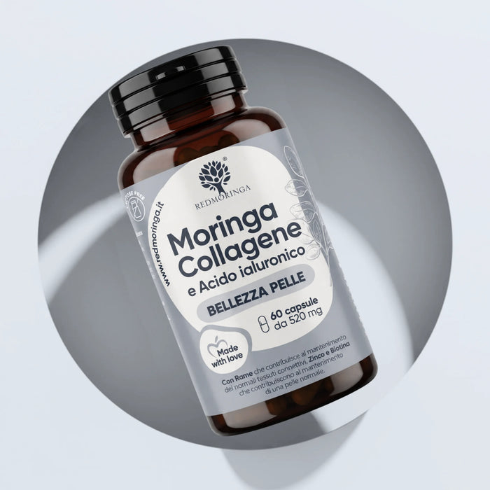 Collageensupplement met Moringa RedMoringa: Moringa Collageen en Hyaluronzuur, fles met 60 capsules van 520 mg