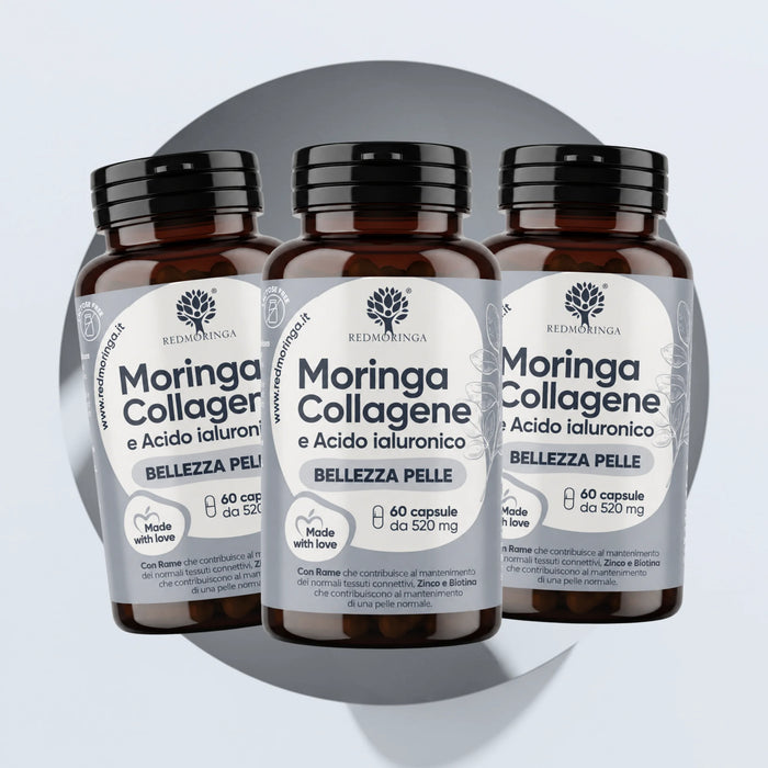 Drie flessen Moringa Collageen en Hyaluronzuur RedMoringa, 180 capsules voor drie maanden huidschoonheid