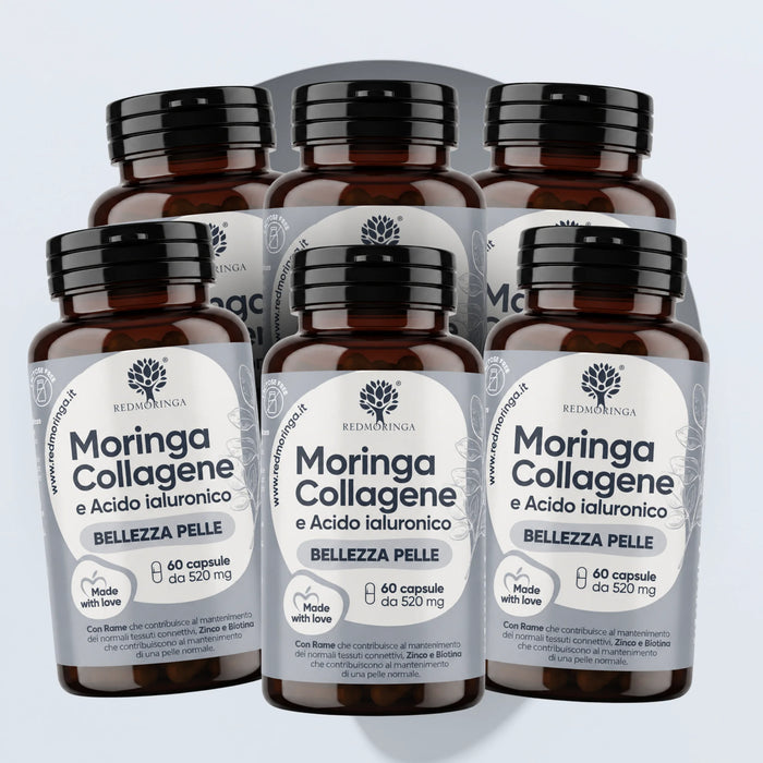 Zes flessen Moringa Collageen en Hyaluronzuur RedMoringa, voorraad van 360 capsules voor zes maanden