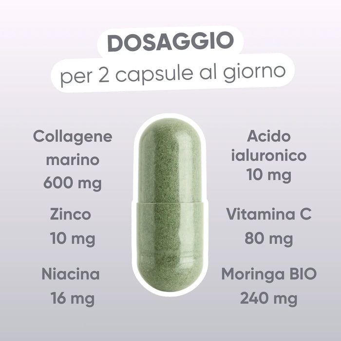 Dosering per 2 capsules: marien collageen 600 mg, hyaluronzuur 10 mg, vitamine C 80 mg