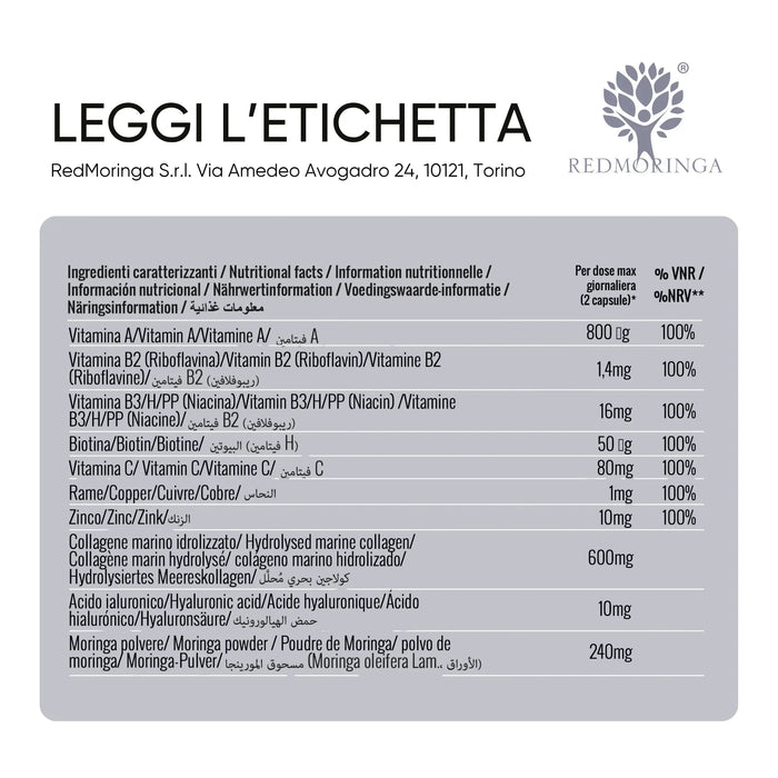Ingrediëntentabel: marien collageen, hyaluronzuur, vitaminen, zink, koper, Moringa