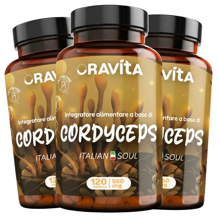Drie flessen Cordyceps Oravita met 120 capsules van 550 mg, voorraad van 360 capsules gestandaardiseerd extract