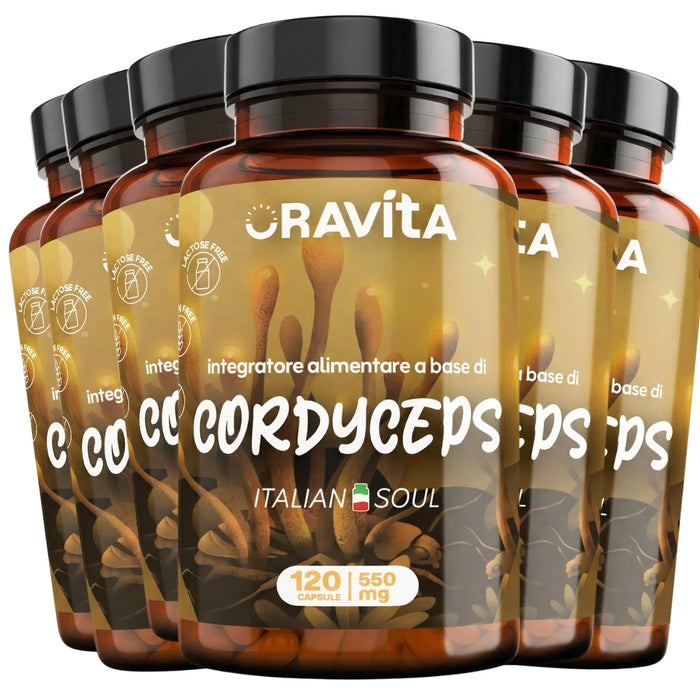 Zes flessen Cordyceps Oravita met 120 capsules van 550 mg, voorraad van 720 capsules gestandaardiseerd extract