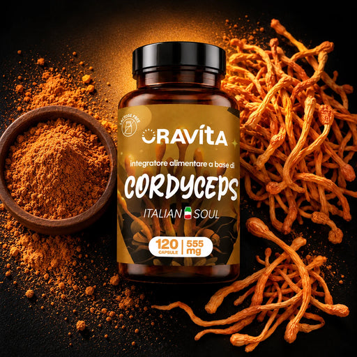 Cordyceps Oravita supplement, fles met 120 capsules, poeder en gedroogde Cordyceps op donkere achtergrond