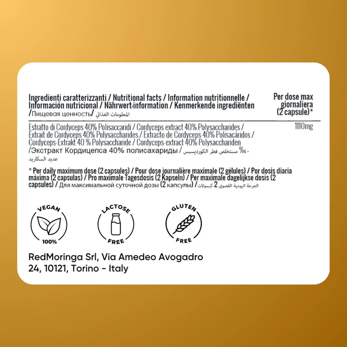 Etiket Cordyceps Oravita: extract 40% polysachariden, dagelijkse dosis 2 capsules