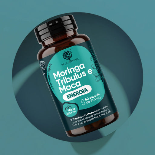 Energiesupplement Moringa Tribulus en Maca RedMoringa: fles met 60 capsules van 550 mg op petrolgroene achtergrond