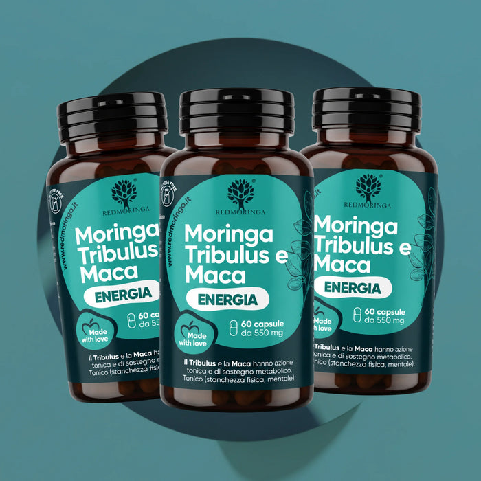 Drie flessen Moringa Tribulus en Maca RedMoringa met 60 capsules: drievoudige verpakking voor 3 maanden