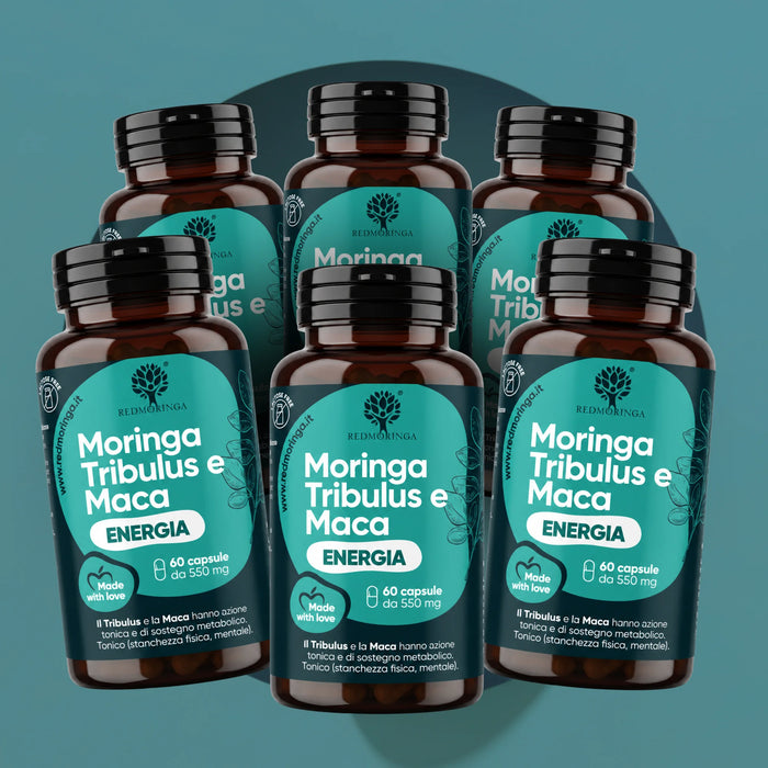Zes flessen Moringa Tribulus en Maca RedMoringa met 60 capsules: verpakking van 6 voor 6 maanden