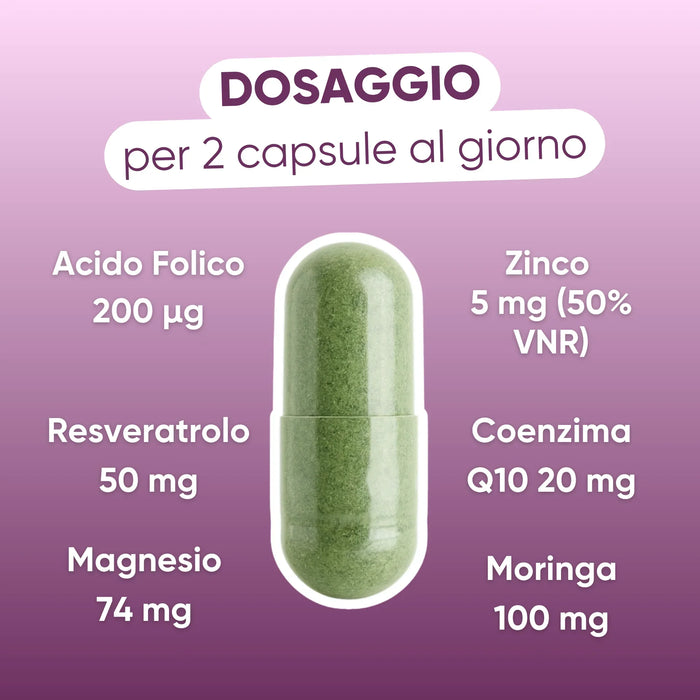 Dosering per 2 capsules: Zink 5 mg, Foliumzuur 200 µg, Resveratrol 50 mg, Q10 20 mg, Magnesium 74 mg