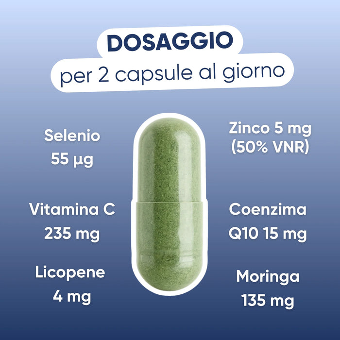 Dosering per 2 capsules: Selenium 55 µg, Zink 5 mg, Vitamine C 235 mg, Q10 15 mg, Lycopeen 4 mg, Moringa 135 mg