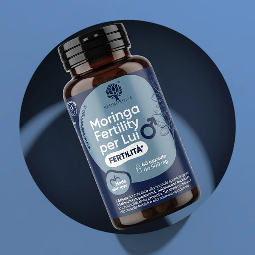 Fles Moringa Fertility voor Hem RedMoringa, voedingssupplement voor mannelijke vruchtbaarheid, 60 capsules van 500 mg
