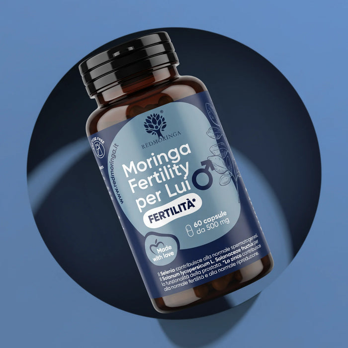 Fles Moringa Fertility voor Hem RedMoringa, voedingssupplement voor mannelijke vruchtbaarheid, 60 capsules van 500 mg
