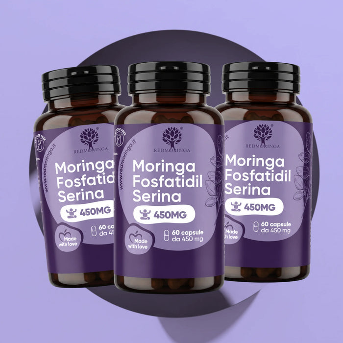 Drie flessen Moringa Fosfatidylserine 450 mg RedMoringa, voedingssupplement fosfatidylserine, verpakking van 3 voor 6 maanden