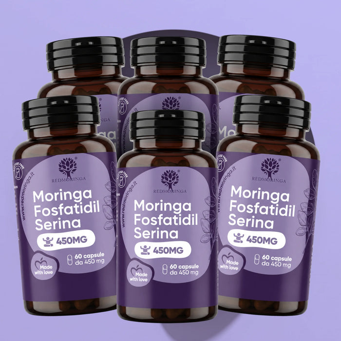 Zes flessen Moringa Fosfatidylserine 450 mg RedMoringa, voedingssupplement fosfatidylserine, voorraad van 6 verpakkingen