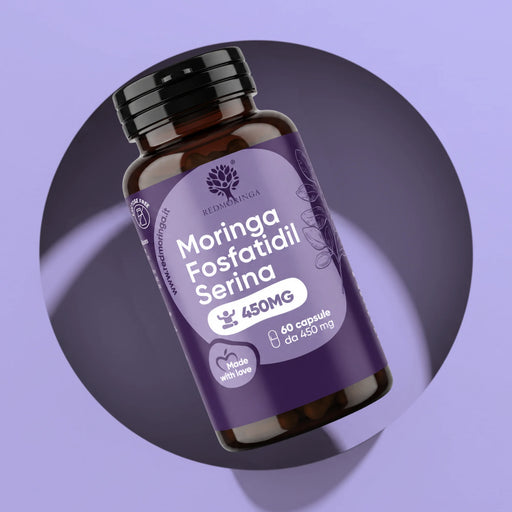 Fles Moringa Fosfatidylserine 450 mg RedMoringa, voedingssupplement fosfatidylserine in 60 capsules, op lila achtergrond