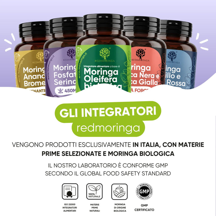De voedingssupplementen van RedMoringa worden geproduceerd in Italië met biologische Moringa, GMP-conform laboratorium